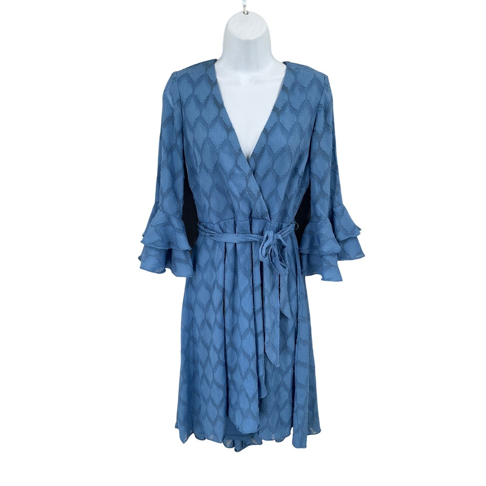 Gabby Skye Dress 6 Blue Faux Wrap Ruffle Sleeve Geometric Boho Office Party